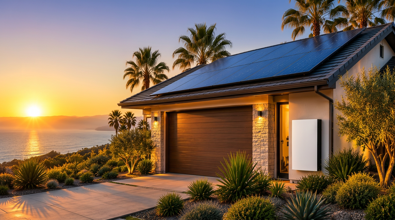Sunset over the Southern California coast with a solar home and a home battery